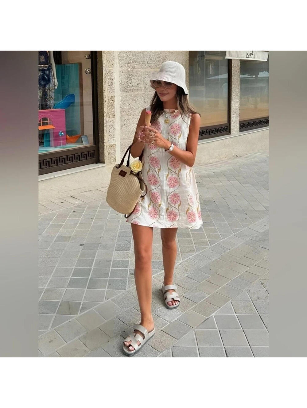 NWT Commense Romantic Floral Print Short Dress Sz Large White/Pink CC9